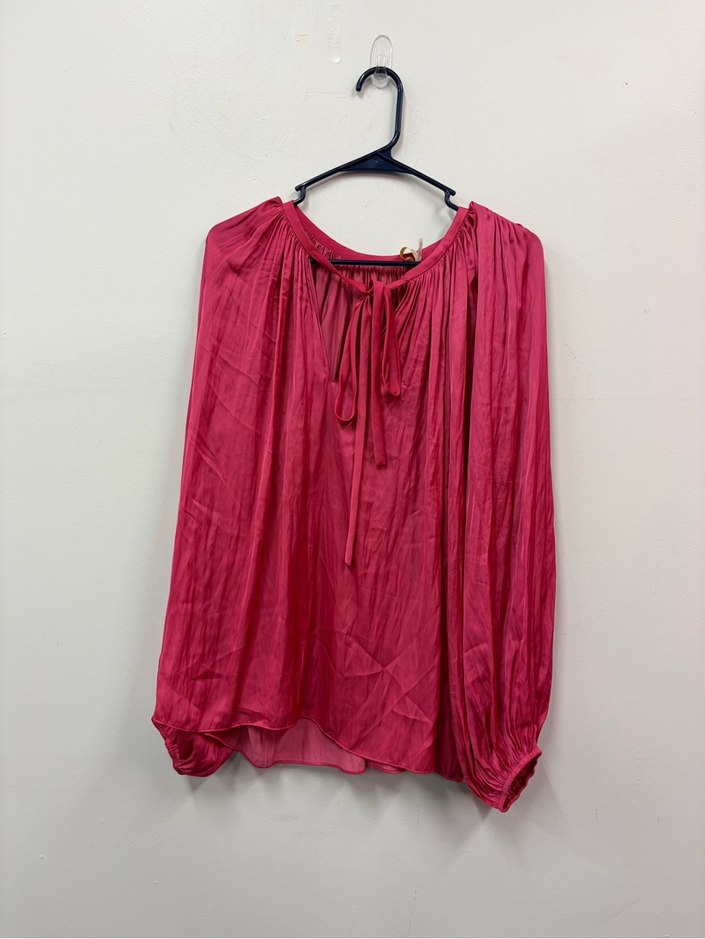 Ramy Brook Bright Pink Boho Peasant Blouse with Tie Neck Sz L